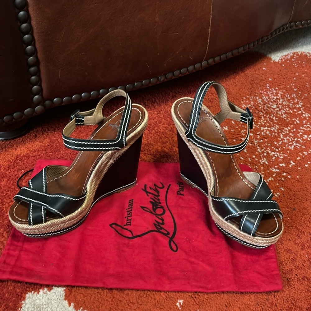 Christian Louboutin Almeria black leather espadrille wedges